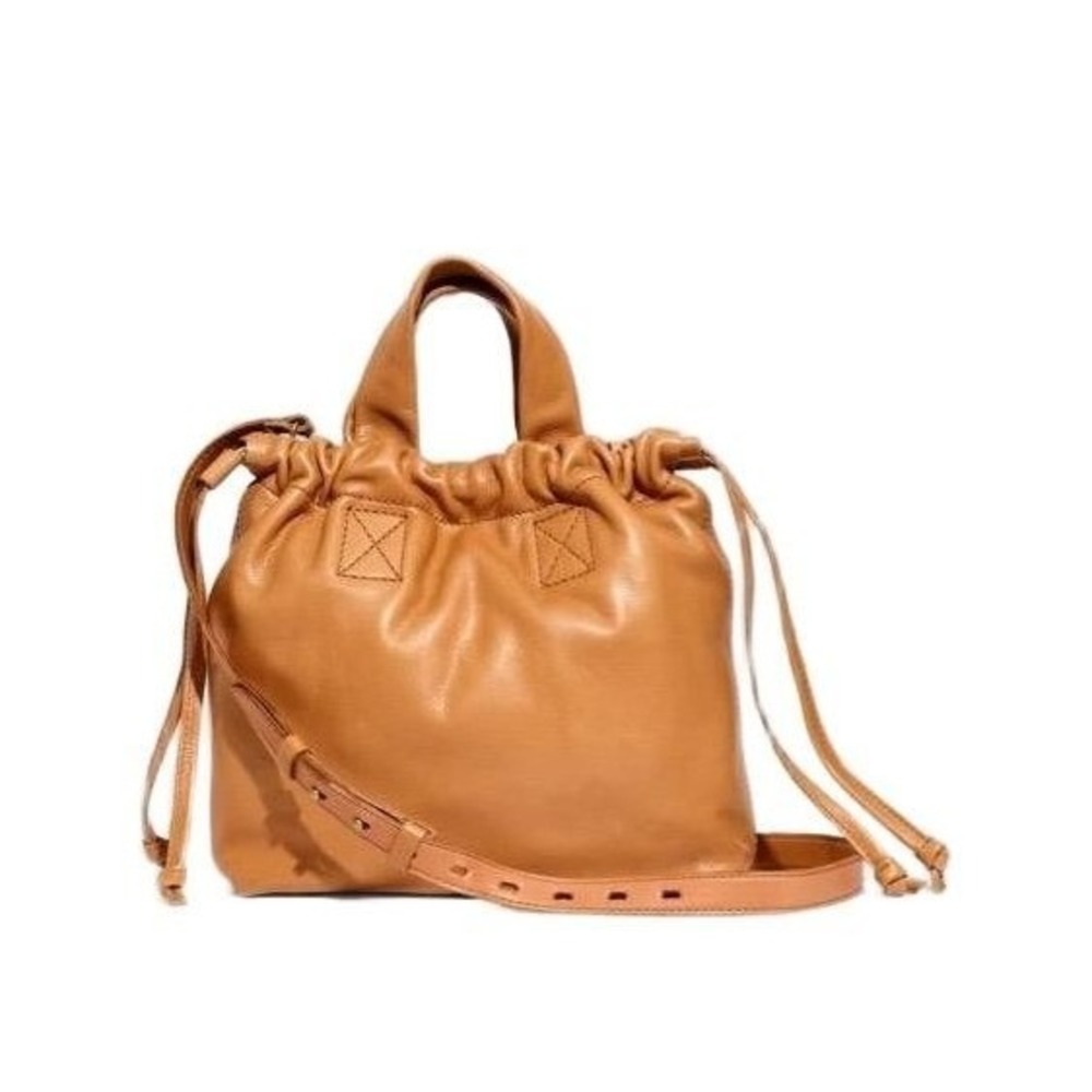 Madewell Piazza Tan Leather Drawstring Bucket‎ Bag Top Handle Crossbody